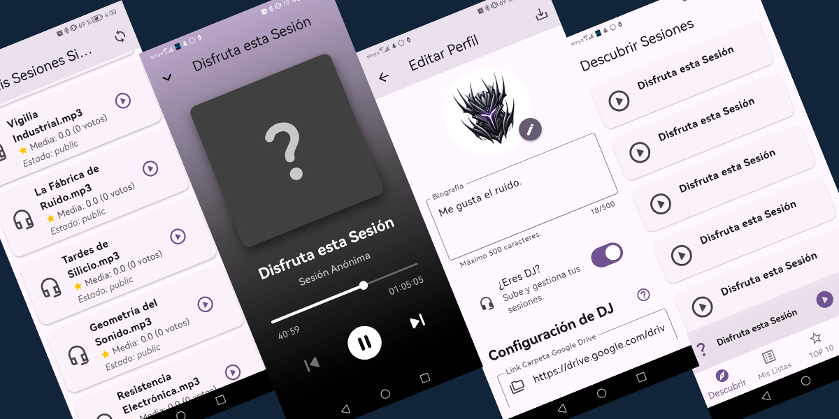 Captura de pantalla de la aplicación DJ Discover mostrando la interfaz de descubrimiento de música.
